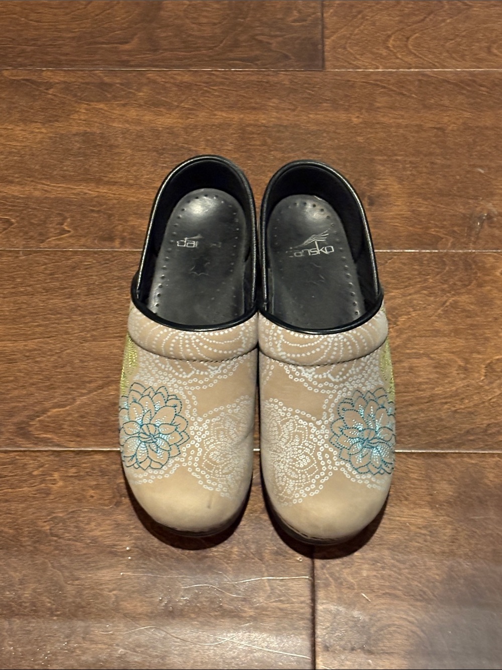 Dansko Beige Floral Embroidered Slip-On Clogs